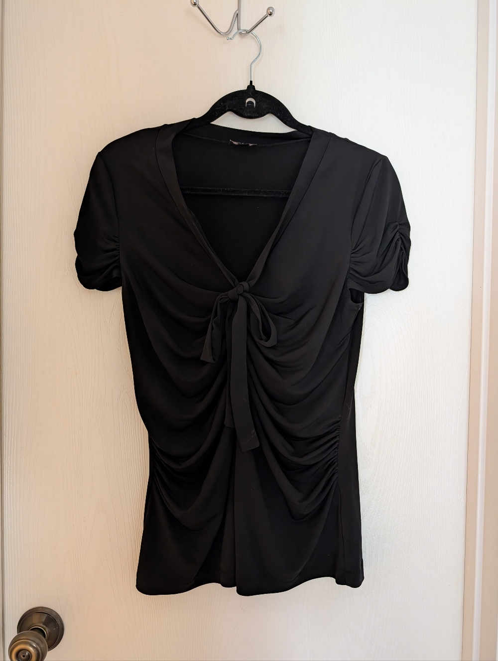 Nine West Size L Black Rouched Tie Blouse